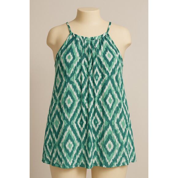 Island Planet‎ Green White Ikat Rayon Halter Dress Made in Bali Size M - Picture 1 of 10